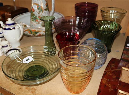 Collection of James Powell and other ribbed coloured glassware (9)